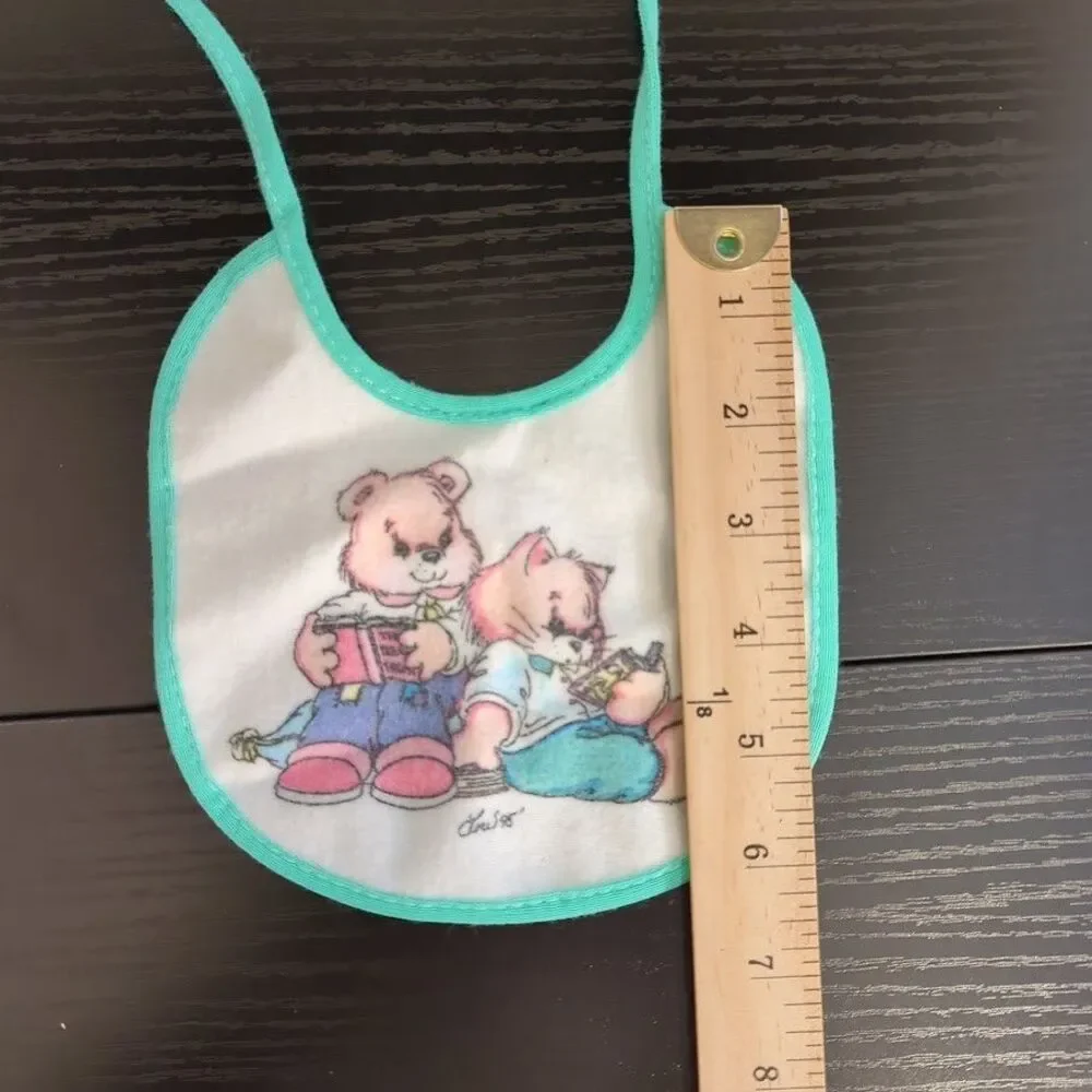 Vintage 95' Baby Bib‎ Cat/Bear Reading Tie Closure Baby OS